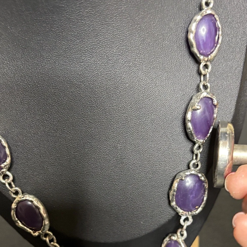 Purple Stone Linked Silver Tone Necklace Geometric Long Native American Western